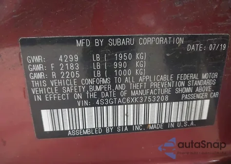 2019 Subaru Impreza 2.0I Premium z USA, uszkodzony, nr VIN 4S3GTAC6XK3753208